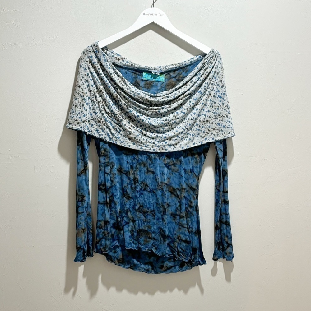 HANDS TO HEARTS Women’s Blue Batik Lycra NAMASTE Hoodie Versatile Top Size S/M